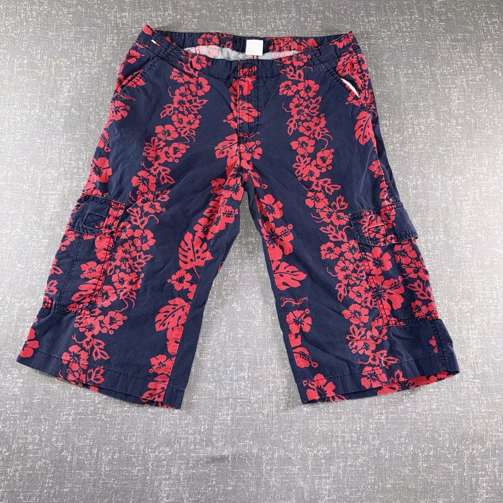 Tommy Jeans Juniors Size 5 Blue Floral Hawaiian Cargo Bermuda Shorts Twill